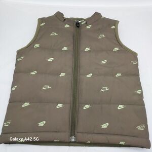 Nike Toddler Puffer Vest Olive Brown Neon Green Logo Print Full Zip 24M L644-E6F